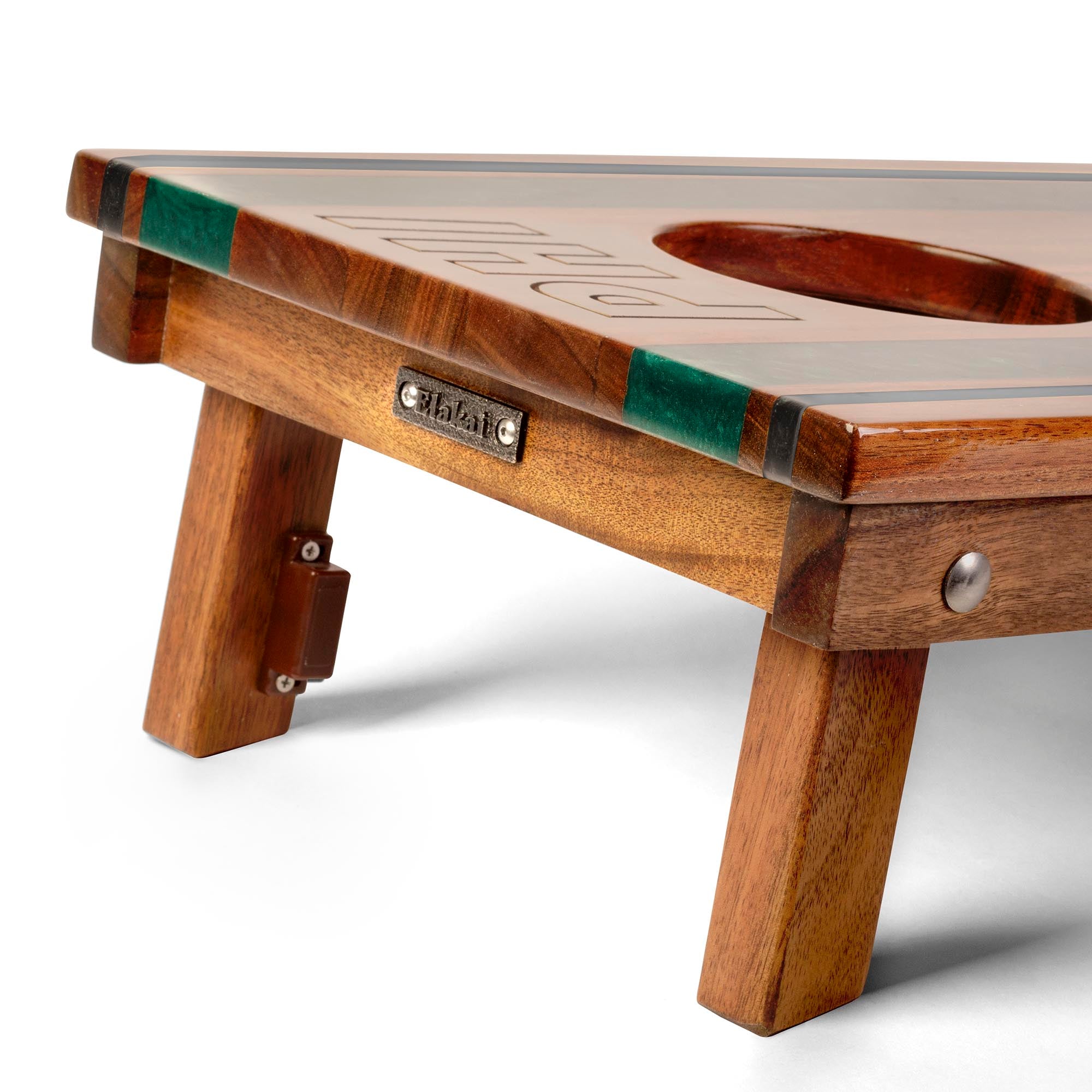 Wooden cornhole boards with green accents and a Elakai logo on a white background
#color_philadelphia