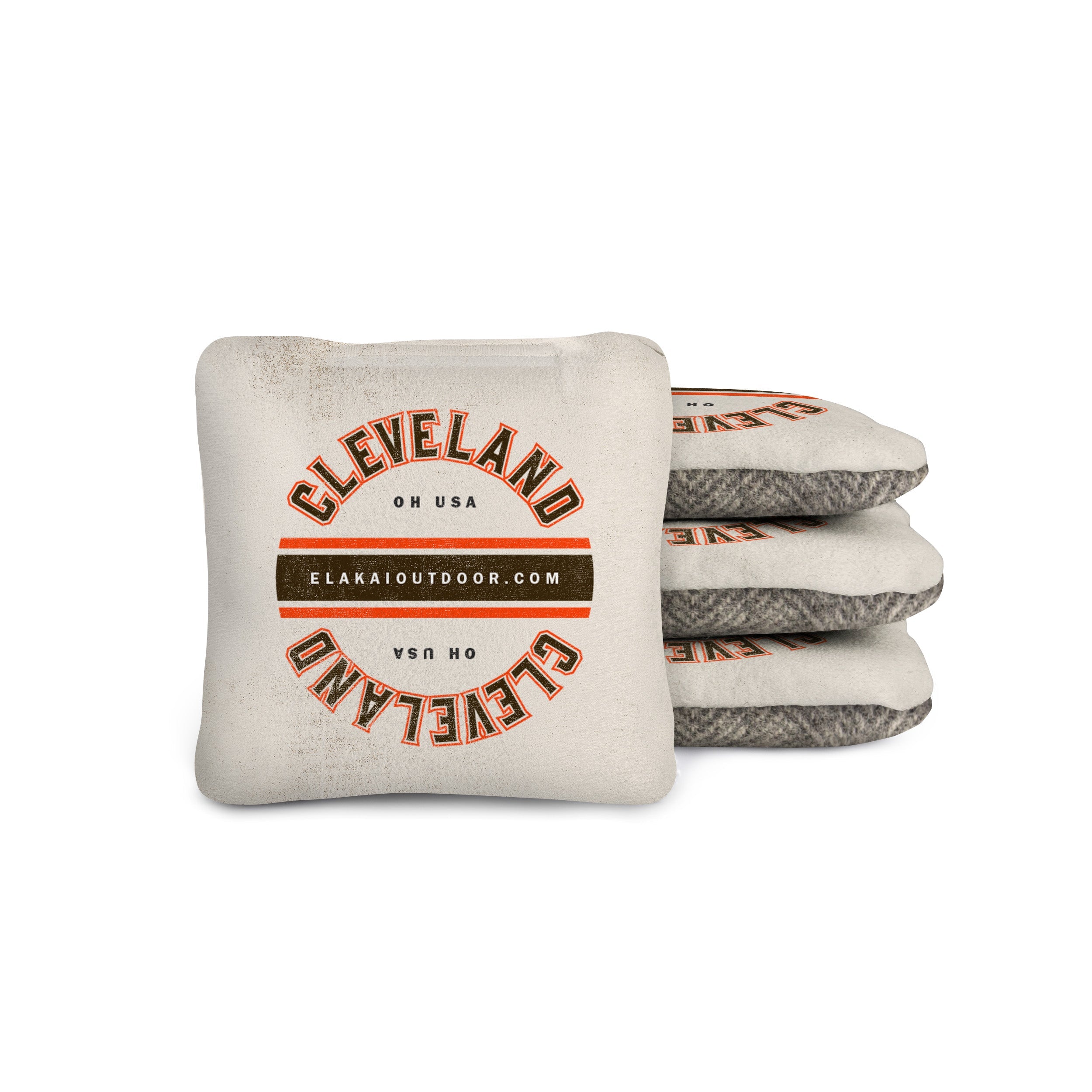 Set of cornhole bags with 'Cleveland' and 'Elakai Outdoor' branding on a white background
#color_cleveland