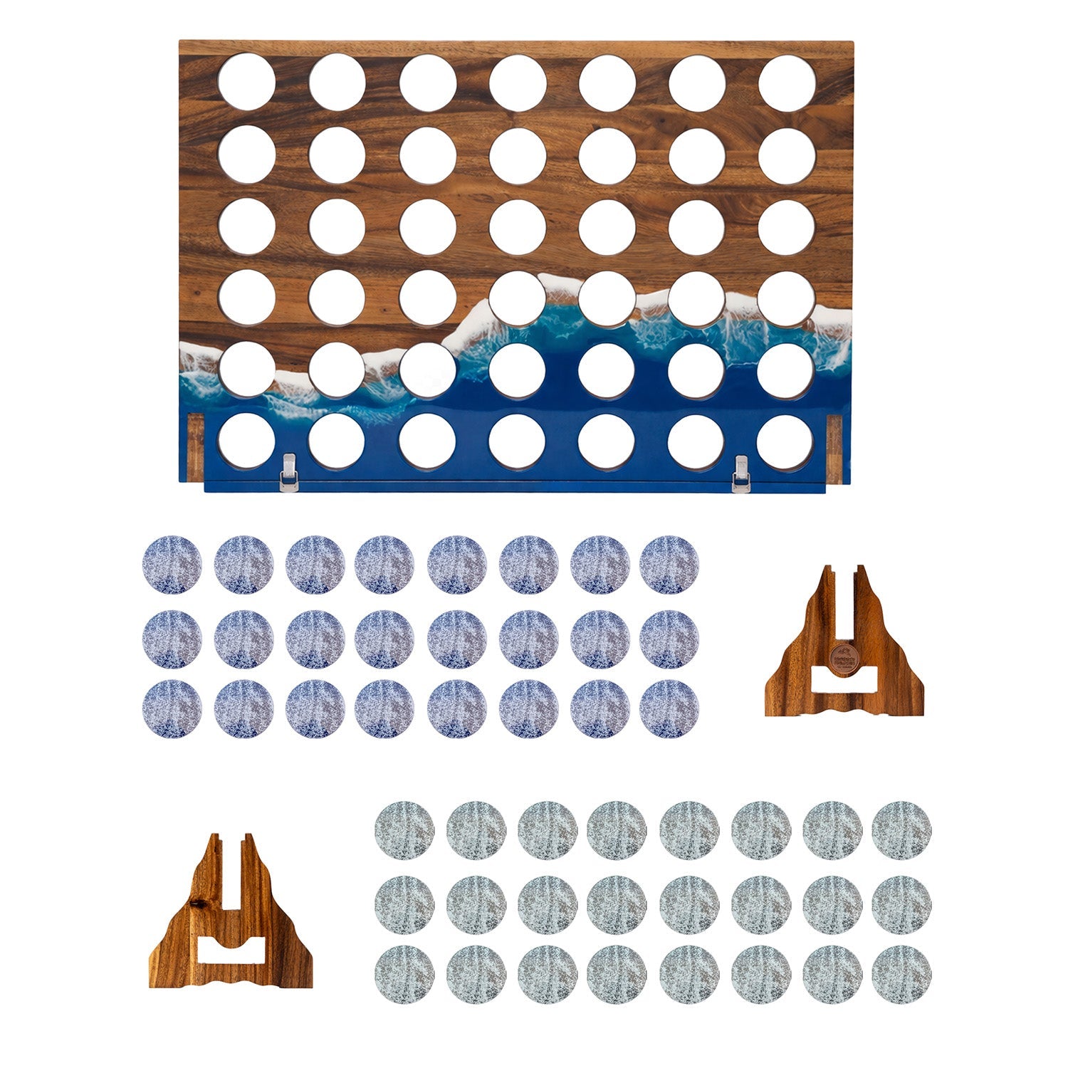 Full Studio Series Beach Resin giant 4 in a row set: acacia board, two matching wood stands, and both colors of sea-glass chips