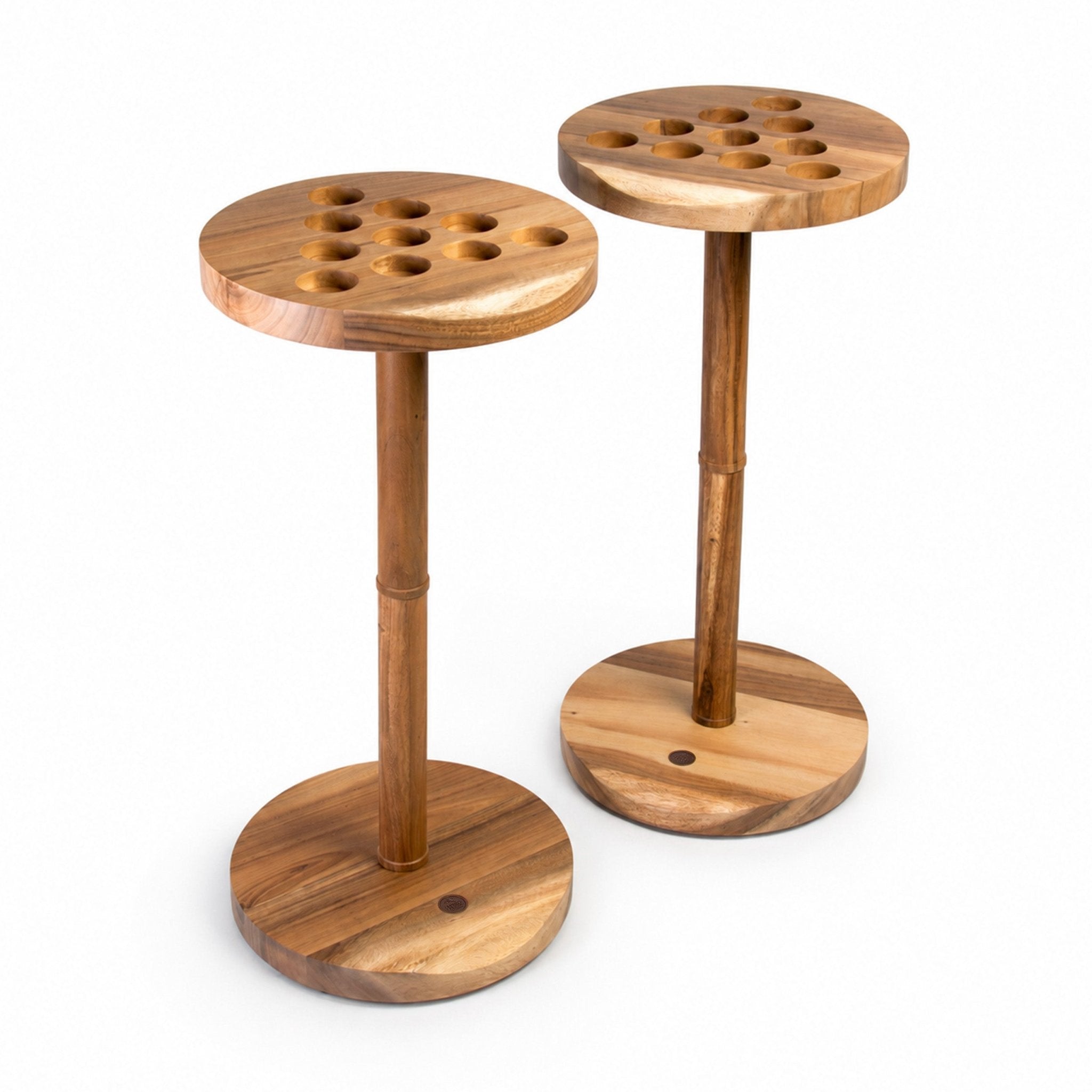 Pair of Studio Series Live Edge Social Pong game tables crafted from solid acacia wood, with carved cup holes