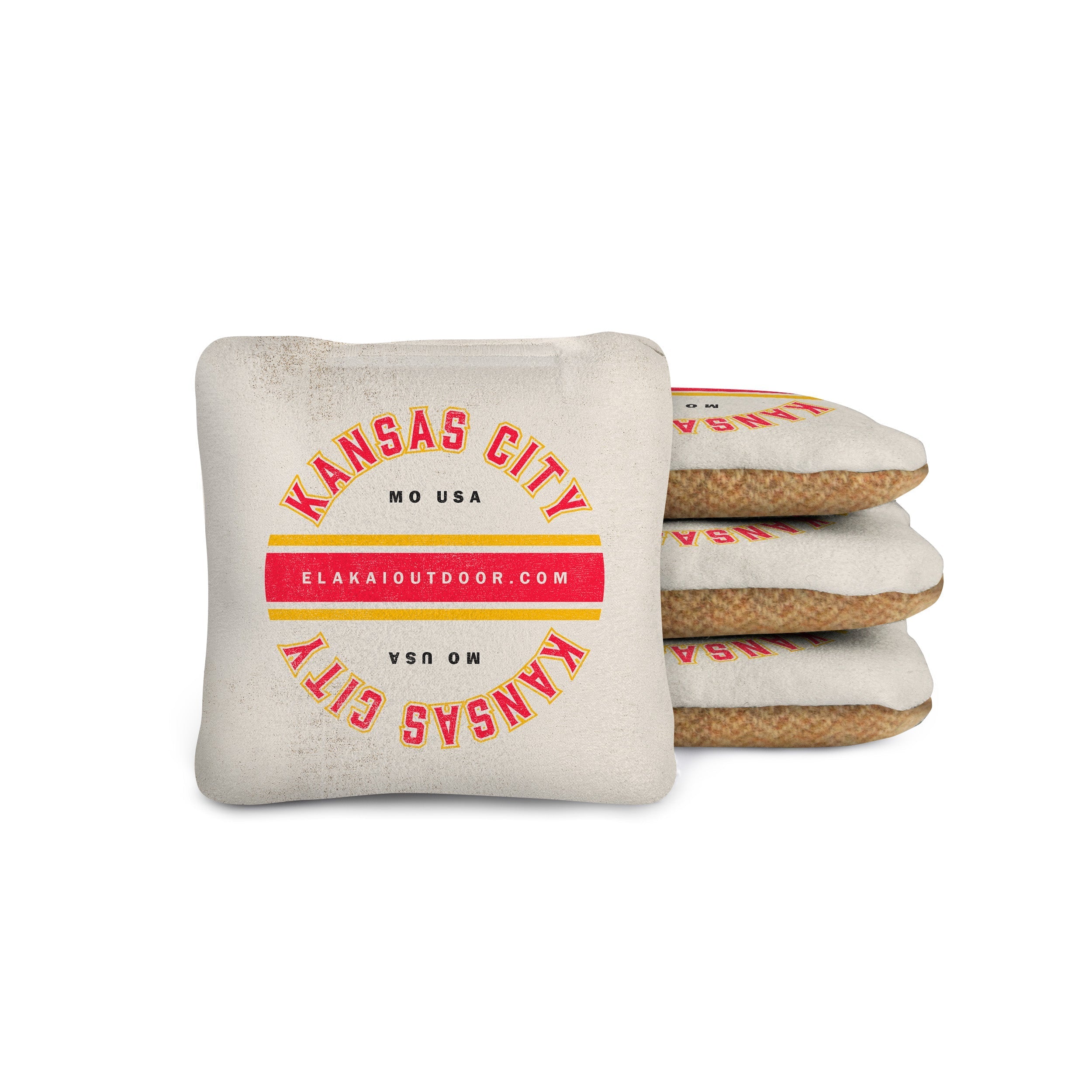 Stack of cornhole bags with 'Kansas City' text on a white background

#color_kansas city