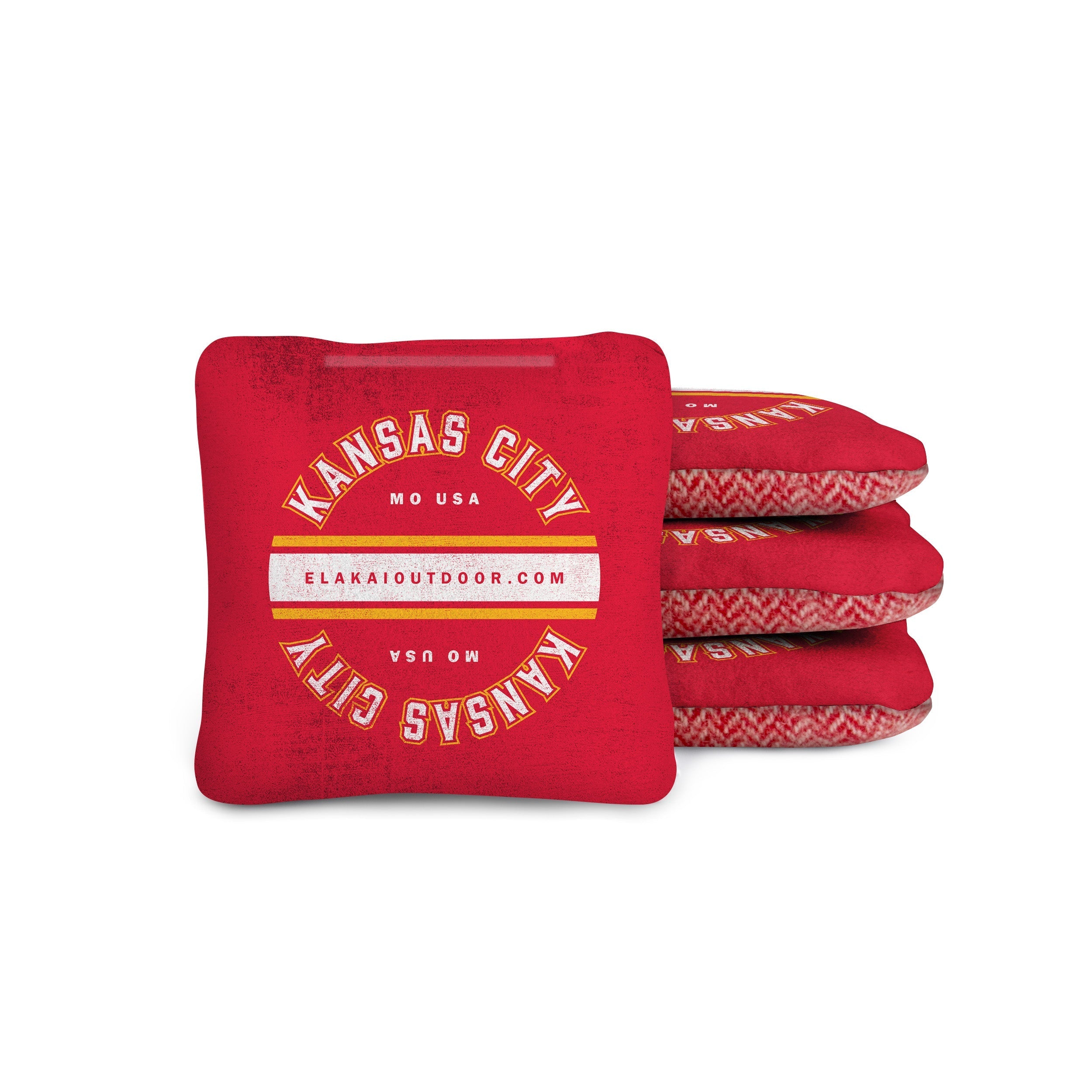 Red cornhole bags with 'Kansas City, MO USA' text on a white background

#color_kansas city