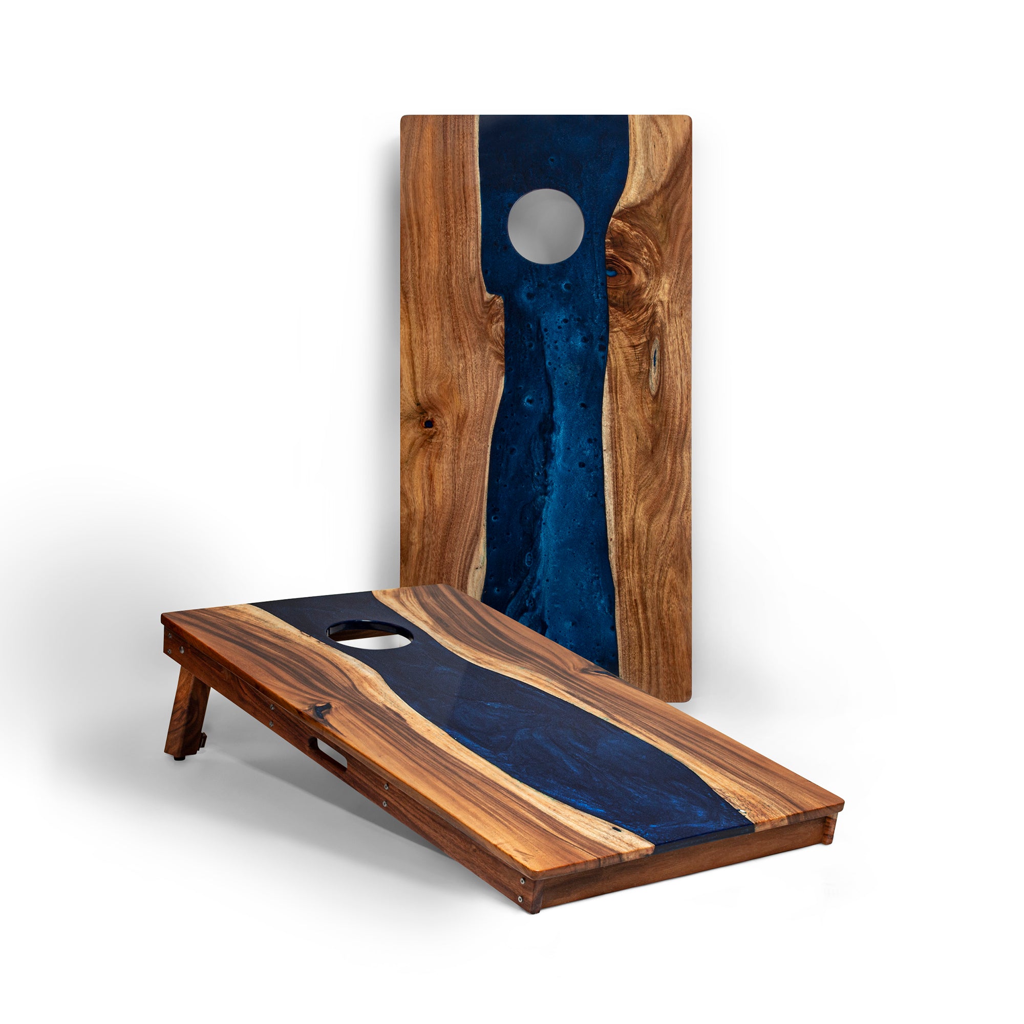 The River Epoxy Resin with Live Edge Acacia Pathfinder ART Cornhole Boards