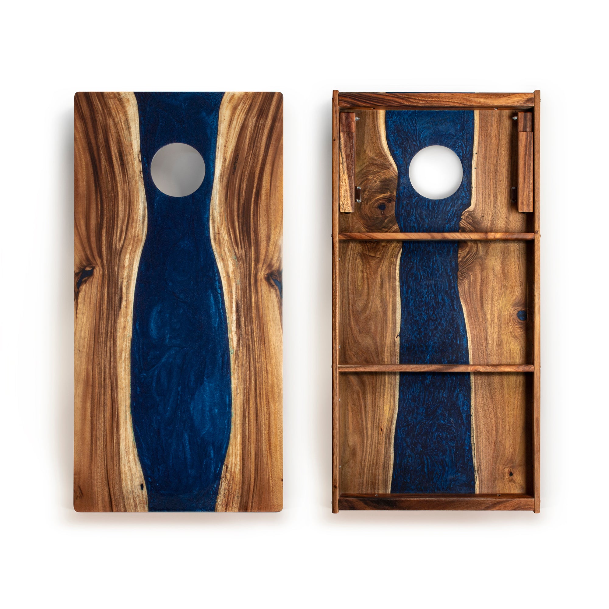 The River Epoxy Resin with Live Edge Acacia Pathfinder ART Cornhole Boards