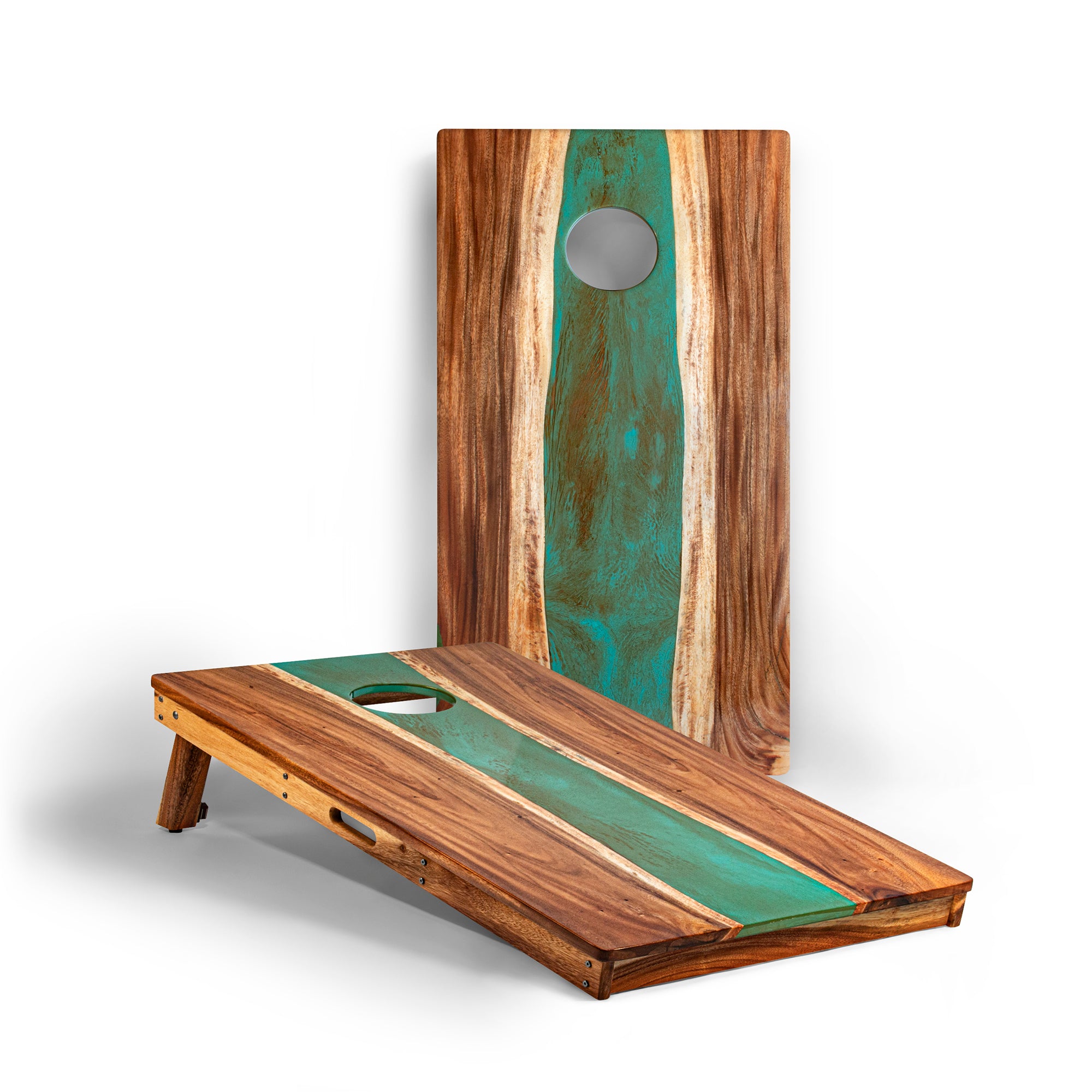 The River Epoxy Resin with Live Edge Acacia Pathfinder ART Cornhole Boards