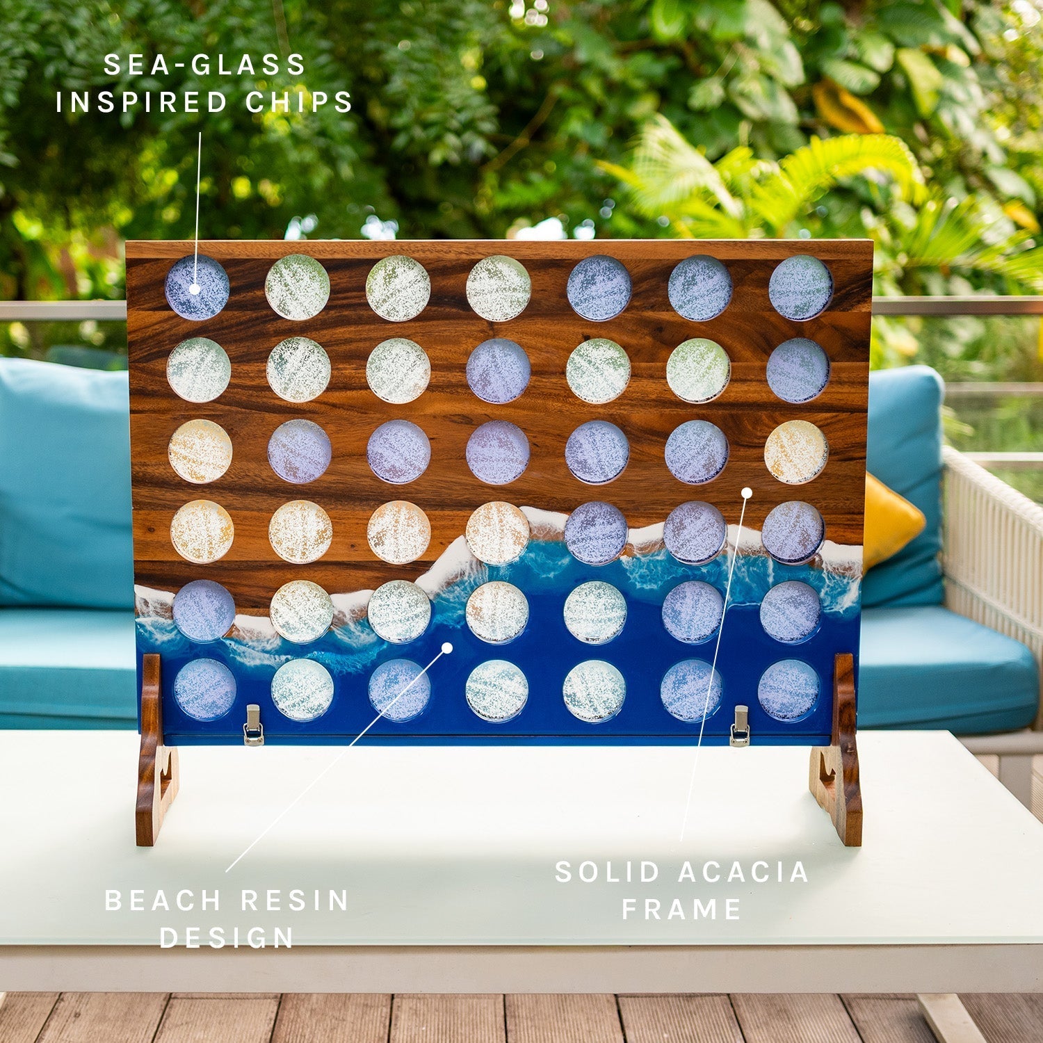 Beach Resin giant 4 in a row game labeled with its features: Sea-Glass Inspired Chips, Beach Resin Design, and Solid Acacia Frame