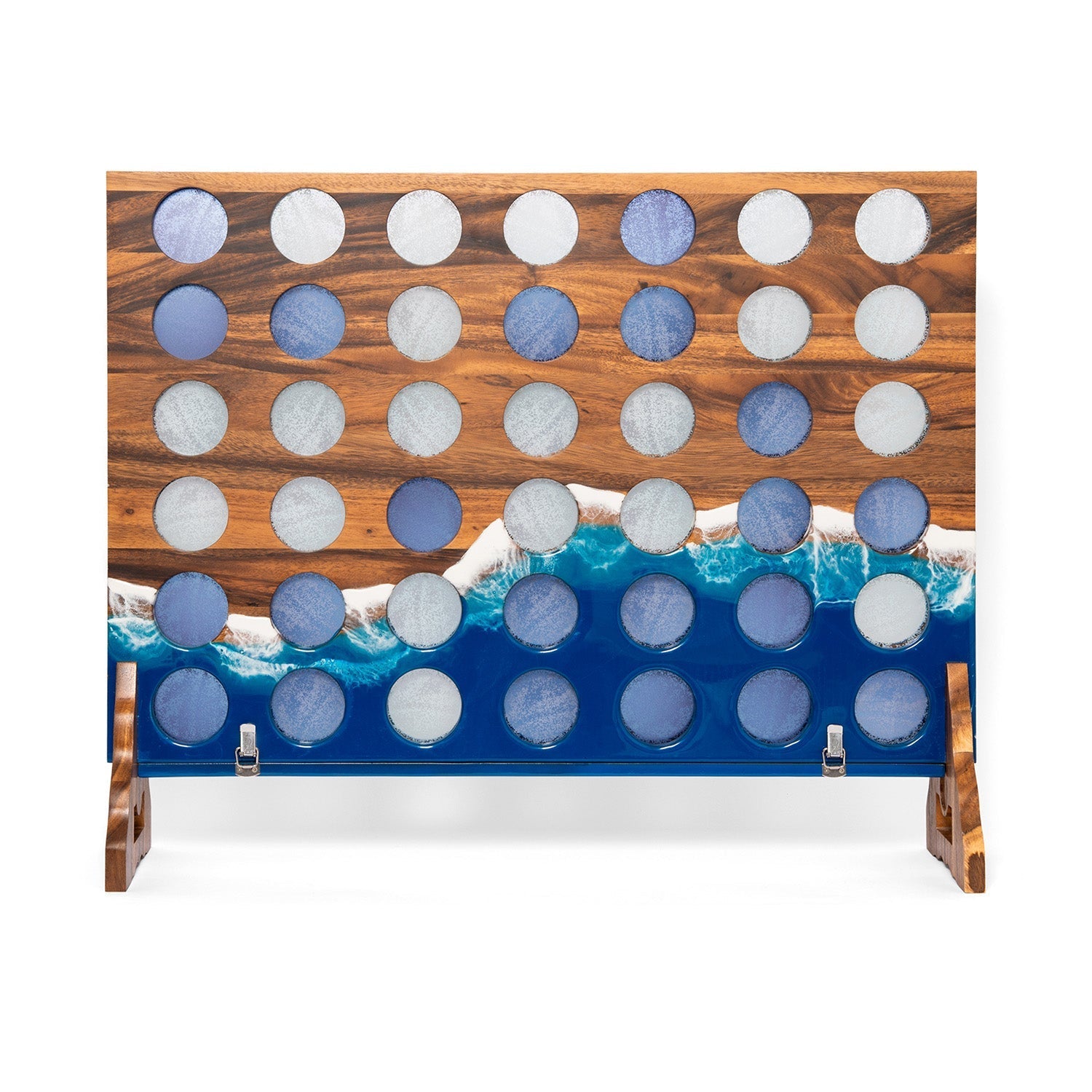Elakai Studio Series Beach Resin Giant 4 in a Row game with acacia wood board and ocean resin wave, shown front-on on its stand